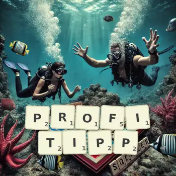 Kreative Illustration für ein Scrabble-Spiel, bei dem das Wort PROFITIPP mit Steinen auf dem Brett gelegt wurde.