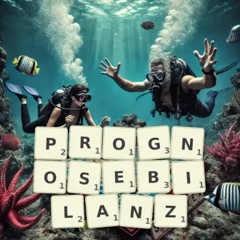 Kreative Illustration für ein Scrabble-Spiel, bei dem das Wort PROGNOSEBILANZ mit Steinen auf dem Brett gelegt wurde.