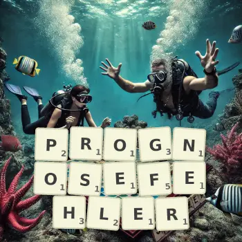 Kreative Illustration für ein Scrabble-Spiel, bei dem das Wort PROGNOSEFEHLER mit Steinen auf dem Brett gelegt wurde.