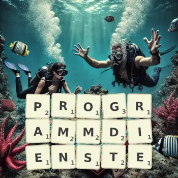 Kreative Illustration für ein Scrabble-Spiel, bei dem das Wort PROGRAMMDIENSTE mit Steinen auf dem Brett gelegt wurde.