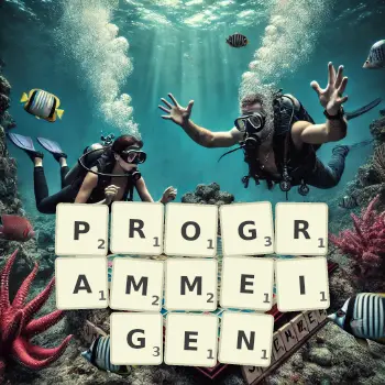 Kreative Illustration für ein Scrabble-Spiel, bei dem das Wort PROGRAMMEIGEN mit Steinen auf dem Brett gelegt wurde.