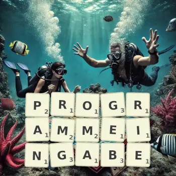 Kreative Illustration für ein Scrabble-Spiel, bei dem das Wort PROGRAMMEINGABE mit Steinen auf dem Brett gelegt wurde.