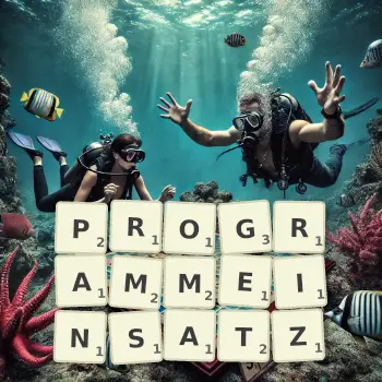 Kreative Illustration für ein Scrabble-Spiel, bei dem das Wort PROGRAMMEINSATZ mit Steinen auf dem Brett gelegt wurde.