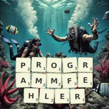 Kreative Illustration für ein Scrabble-Spiel, bei dem das Wort PROGRAMMFEHLER mit Steinen auf dem Brett gelegt wurde.