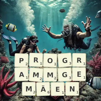 Kreative Illustration für ein Scrabble-Spiel, bei dem das Wort PROGRAMMGEMÄEN mit Steinen auf dem Brett gelegt wurde.