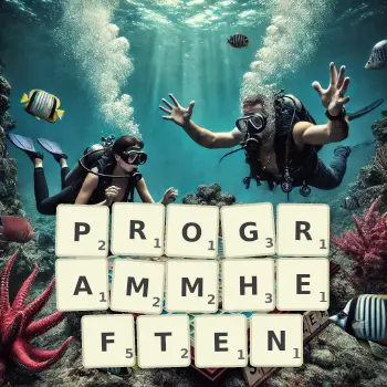 Kreative Illustration für ein Scrabble-Spiel, bei dem das Wort PROGRAMMHEFTEN mit Steinen auf dem Brett gelegt wurde.