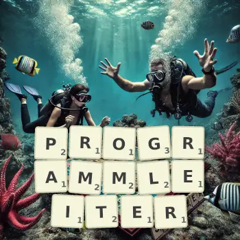 Kreative Illustration für ein Scrabble-Spiel, bei dem das Wort PROGRAMMLEITER mit Steinen auf dem Brett gelegt wurde.