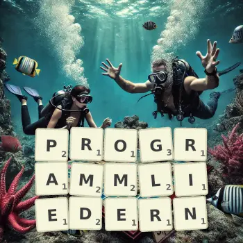 Kreative Illustration für ein Scrabble-Spiel, bei dem das Wort PROGRAMMLIEDERN mit Steinen auf dem Brett gelegt wurde.