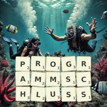 Kreative Illustration für ein Scrabble-Spiel, bei dem das Wort PROGRAMMSCHLUSS mit Steinen auf dem Brett gelegt wurde.