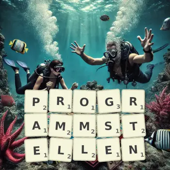 Kreative Illustration für ein Scrabble-Spiel, bei dem das Wort PROGRAMMSTELLEN mit Steinen auf dem Brett gelegt wurde.