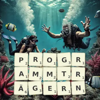 Kreative Illustration für ein Scrabble-Spiel, bei dem das Wort PROGRAMMTRÄGERN mit Steinen auf dem Brett gelegt wurde.