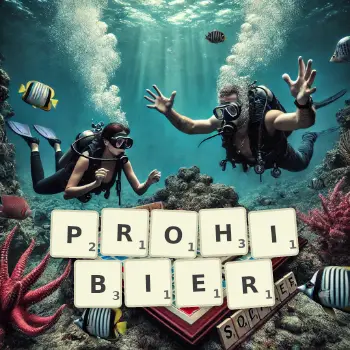Kreative Illustration für ein Scrabble-Spiel, bei dem das Wort PROHIBIER mit Steinen auf dem Brett gelegt wurde.