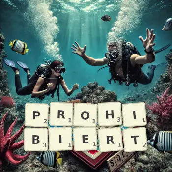 Kreative Illustration für ein Scrabble-Spiel, bei dem das Wort PROHIBIERT mit Steinen auf dem Brett gelegt wurde.