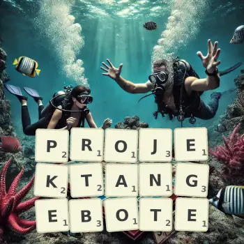 Kreative Illustration für ein Scrabble-Spiel, bei dem das Wort PROJEKTANGEBOTE mit Steinen auf dem Brett gelegt wurde.