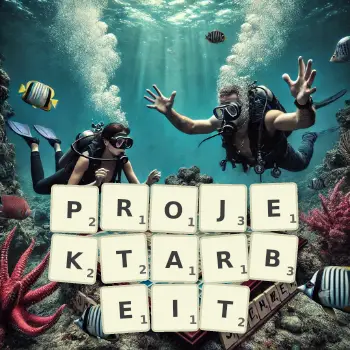 Kreative Illustration für ein Scrabble-Spiel, bei dem das Wort PROJEKTARBEIT mit Steinen auf dem Brett gelegt wurde.