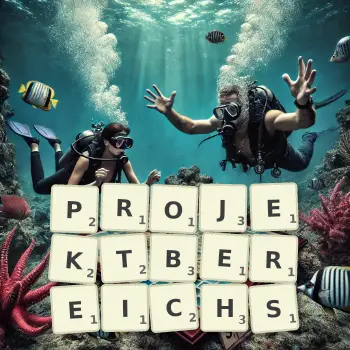 Kreative Illustration für ein Scrabble-Spiel, bei dem das Wort PROJEKTBEREICHS mit Steinen auf dem Brett gelegt wurde.