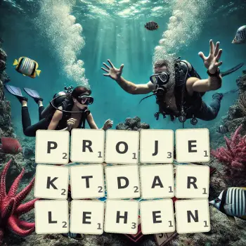 Kreative Illustration für ein Scrabble-Spiel, bei dem das Wort PROJEKTDARLEHEN mit Steinen auf dem Brett gelegt wurde.