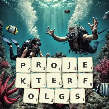 Kreative Illustration für ein Scrabble-Spiel, bei dem das Wort PROJEKTERFOLGS mit Steinen auf dem Brett gelegt wurde.