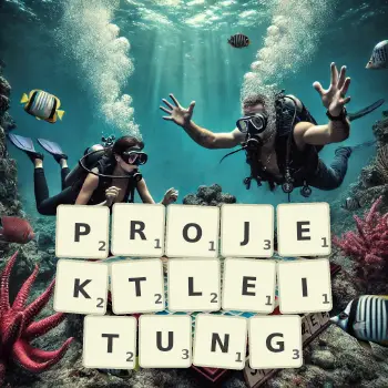 Kreative Illustration für ein Scrabble-Spiel, bei dem das Wort PROJEKTLEITUNG mit Steinen auf dem Brett gelegt wurde.