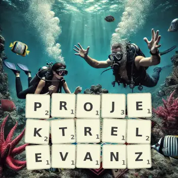 Kreative Illustration für ein Scrabble-Spiel, bei dem das Wort PROJEKTRELEVANZ mit Steinen auf dem Brett gelegt wurde.