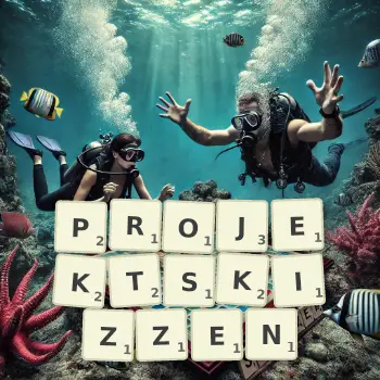 Kreative Illustration für ein Scrabble-Spiel, bei dem das Wort PROJEKTSKIZZEN mit Steinen auf dem Brett gelegt wurde.