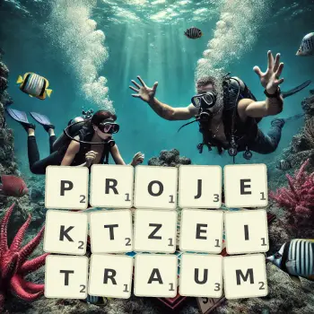 Kreative Illustration für ein Scrabble-Spiel, bei dem das Wort PROJEKTZEITRAUM mit Steinen auf dem Brett gelegt wurde.