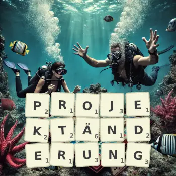 Kreative Illustration für ein Scrabble-Spiel, bei dem das Wort PROJEKTÄNDERUNG mit Steinen auf dem Brett gelegt wurde.