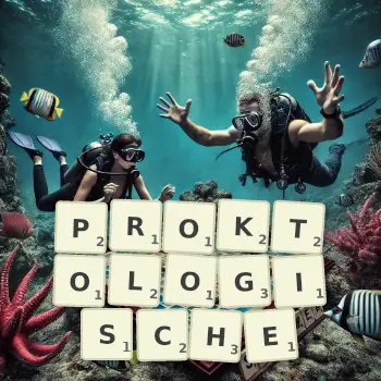 Kreative Illustration für ein Scrabble-Spiel, bei dem das Wort PROKTOLOGISCHE mit Steinen auf dem Brett gelegt wurde.