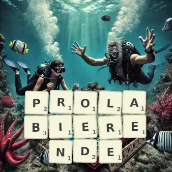 Kreative Illustration für ein Scrabble-Spiel, bei dem das Wort PROLABIERENDE mit Steinen auf dem Brett gelegt wurde.