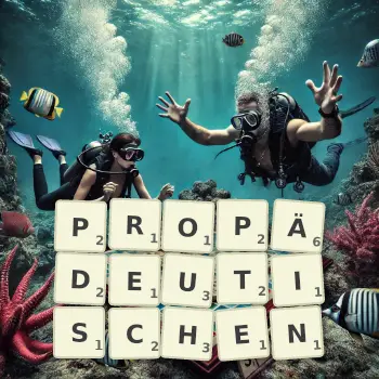 Kreative Illustration für ein Scrabble-Spiel, bei dem das Wort PROPÄDEUTISCHEN mit Steinen auf dem Brett gelegt wurde.