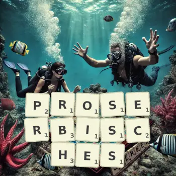 Kreative Illustration für ein Scrabble-Spiel, bei dem das Wort PROSERBISCHES mit Steinen auf dem Brett gelegt wurde.