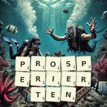 Kreative Illustration für ein Scrabble-Spiel, bei dem das Wort PROSPERIERTEN mit Steinen auf dem Brett gelegt wurde.