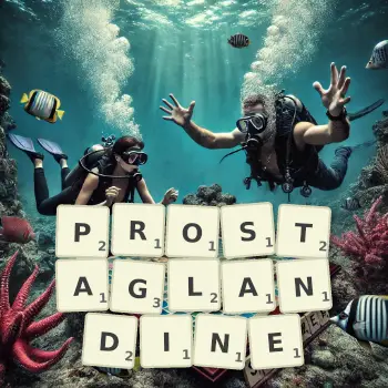 Kreative Illustration für ein Scrabble-Spiel, bei dem das Wort PROSTAGLANDINE mit Steinen auf dem Brett gelegt wurde.