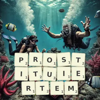 Kreative Illustration für ein Scrabble-Spiel, bei dem das Wort PROSTITUIERTEM mit Steinen auf dem Brett gelegt wurde.