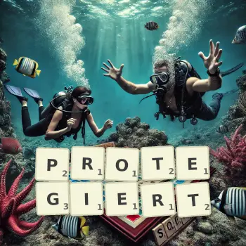 Kreative Illustration für ein Scrabble-Spiel, bei dem das Wort PROTEGIERT mit Steinen auf dem Brett gelegt wurde.