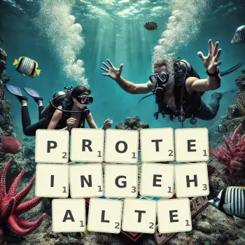 Kreative Illustration für ein Scrabble-Spiel, bei dem das Wort PROTEINGEHALTE mit Steinen auf dem Brett gelegt wurde.
