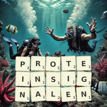 Kreative Illustration für ein Scrabble-Spiel, bei dem das Wort PROTEINSIGNALEN mit Steinen auf dem Brett gelegt wurde.