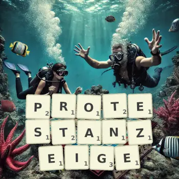 Kreative Illustration für ein Scrabble-Spiel, bei dem das Wort PROTESTANZEIGE mit Steinen auf dem Brett gelegt wurde.