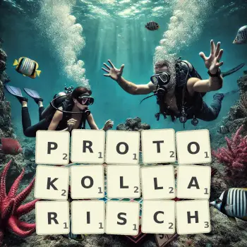 Kreative Illustration für ein Scrabble-Spiel, bei dem das Wort PROTOKOLLARISCH mit Steinen auf dem Brett gelegt wurde.