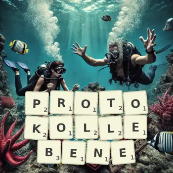 Kreative Illustration für ein Scrabble-Spiel, bei dem das Wort PROTOKOLLEBENE mit Steinen auf dem Brett gelegt wurde.