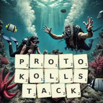 Kreative Illustration für ein Scrabble-Spiel, bei dem das Wort PROTOKOLLSTACK mit Steinen auf dem Brett gelegt wurde.