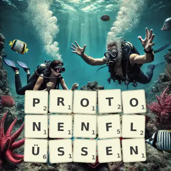 Kreative Illustration für ein Scrabble-Spiel, bei dem das Wort PROTONENFLÜSSEN mit Steinen auf dem Brett gelegt wurde.