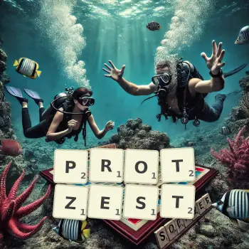 Kreative Illustration für ein Scrabble-Spiel, bei dem das Wort PROTZEST mit Steinen auf dem Brett gelegt wurde.