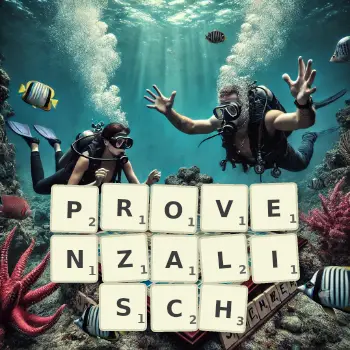 Kreative Illustration für ein Scrabble-Spiel, bei dem das Wort PROVENZALISCH mit Steinen auf dem Brett gelegt wurde.