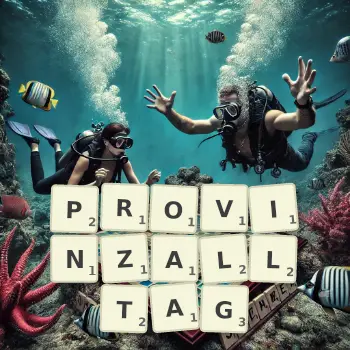 Kreative Illustration für ein Scrabble-Spiel, bei dem das Wort PROVINZALLTAG mit Steinen auf dem Brett gelegt wurde.