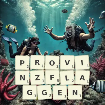 Kreative Illustration für ein Scrabble-Spiel, bei dem das Wort PROVINZFLAGGEN mit Steinen auf dem Brett gelegt wurde.