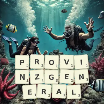 Kreative Illustration für ein Scrabble-Spiel, bei dem das Wort PROVINZGENERAL mit Steinen auf dem Brett gelegt wurde.