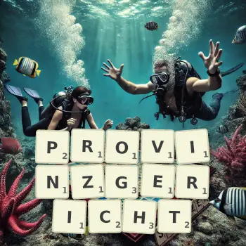 Kreative Illustration für ein Scrabble-Spiel, bei dem das Wort PROVINZGERICHT mit Steinen auf dem Brett gelegt wurde.
