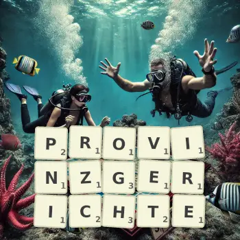 Kreative Illustration für ein Scrabble-Spiel, bei dem das Wort PROVINZGERICHTE mit Steinen auf dem Brett gelegt wurde.