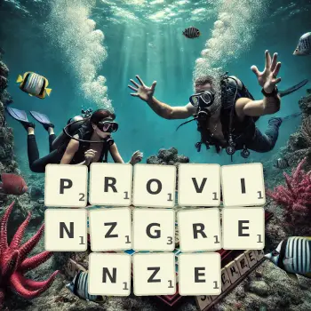 Kreative Illustration für ein Scrabble-Spiel, bei dem das Wort PROVINZGRENZE mit Steinen auf dem Brett gelegt wurde.